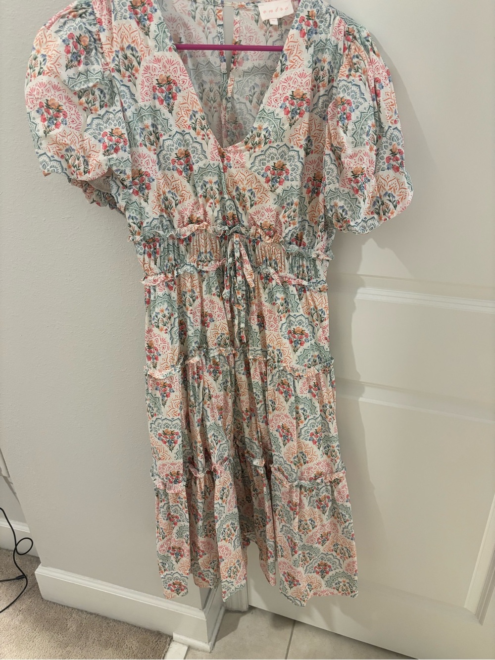 entro Pink & Green Floral V-Neck Tiered Midi Dress